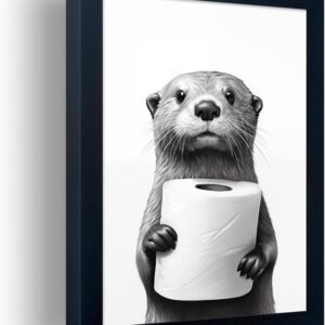 Framed Black & White Bathroom Wall Art, Funny Raccoon Toilet Paper Canvas Print, Animal Decor