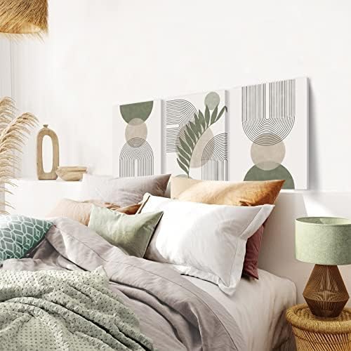 Sage Green Boho Wall Art Set of 3, Minimalist Geometric Botanical Canvas Prints, Framed Beige Green Decor, 12x16 in - Image 4