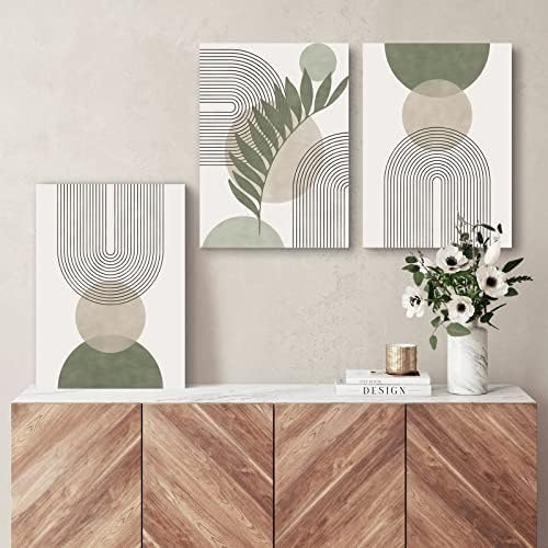 Sage Green Boho Wall Art Set of 3, Minimalist Geometric Botanical Canvas Prints, Framed Beige Green Decor, 12x16 in - Image 2