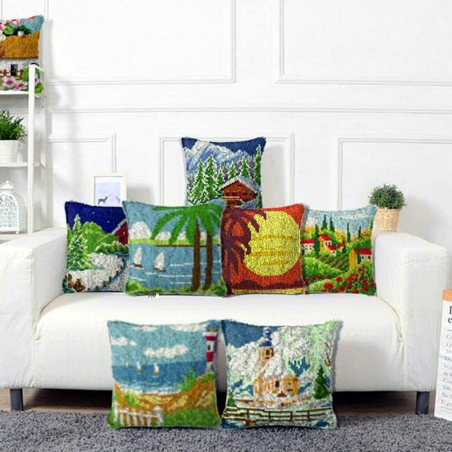 Latch Hook Pillow Kit with Plant and Flower Design, 43×43cm, DIY Canvas and Yarn Craft