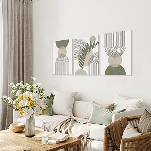 Sage Green Boho Wall Art Set of 3, Minimalist Geometric Botanical Canvas Prints, Framed Beige Green Decor, 12x16 in - Image 3