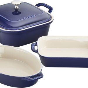 4-Piece Ceramic Baking Pan Set, Including Casserole Dish with Lid and Brownie Pan, Dark Blue