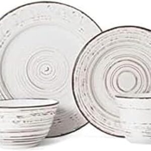 16-Piece Stoneware Dinnerware Set for 4, Trellis White, Distressed Finish, Microwave & Dishwasher Safe Plates and Bowls