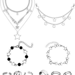 12-Piece Y2K Grunge Jewelry Set with Layered Necklaces, Star Chains, and Rings for Women