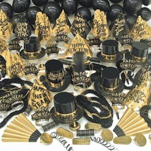 352-Piece New Year’s Eve Party Supplies Set with Crowns, Top Hats, Tiaras, Bead Necklaces, and Noise Makers (Black & Gold, 2026)