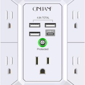 5-Outlet Wall Charger with 4 USB Ports (4.8A) Surge Protector Power Strip for Home and Travel