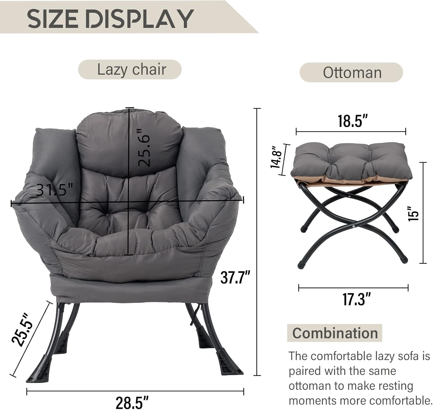 Modern Lazy Chair with Ottoman, Upholstered Accent Lounge Chair with Armrests and Side Pocket (Dark Grey) - Image 4