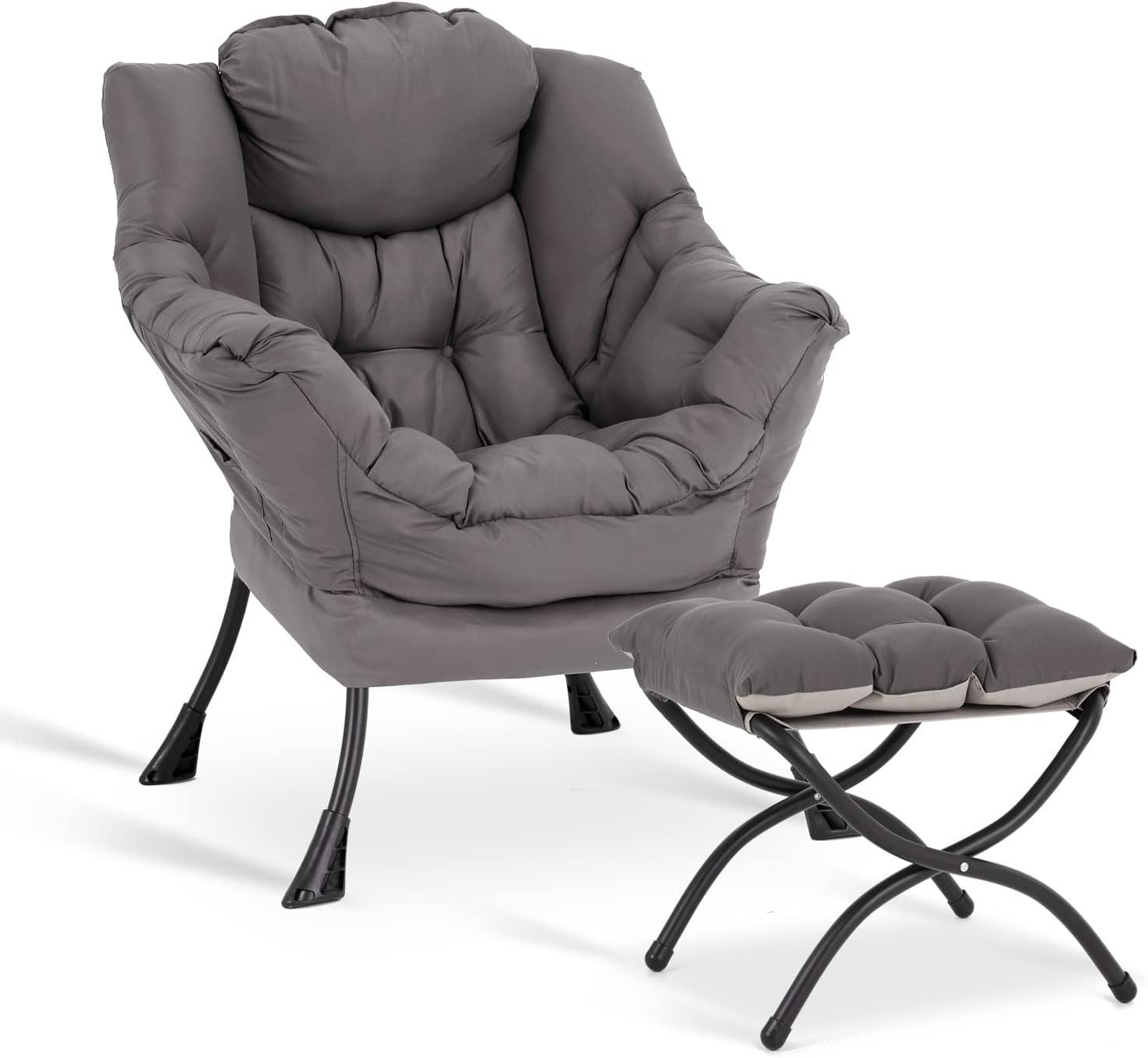 Modern Lazy Chair with Ottoman, Upholstered Accent Lounge Chair with Armrests and Side Pocket (Dark Grey)