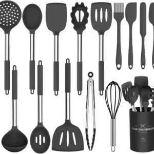 15-Piece Silicone Cooking Utensil Set with Stainless Steel Handles for Nonstick Cookware (Black)
