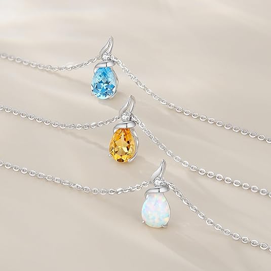 14K White Gold Birthstone Pendant Necklace with Diamond Teardrop, Sterling Silver Chain 16" + 2" Extender - Image 2
