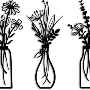 3-Piece Metal Flower Wall Art Set, Rustic Farmhouse Decor for Living Room, Bedroom, or Bathroom (Black)