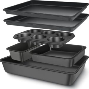 6-Piece Nonstick Baking Pan Set, Carbon Steel Oven Bakeware Including Cookie Sheet, Deep Roaster, Square Pan, Loaf Pan, and Muffin Pan