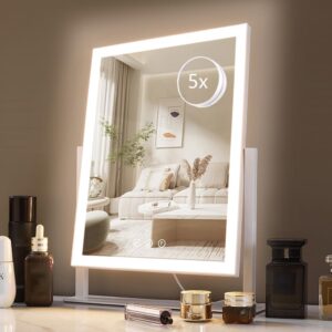 17.3 in Lighted Makeup Mirror, Hollywood Vanity Style, 3 Lighting Modes, 5X Magnification, Smart Touch, 360° Rotation, White