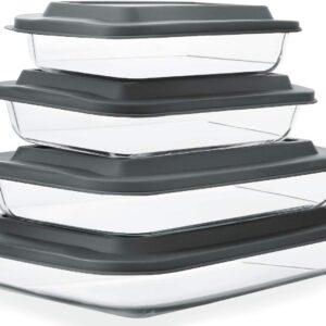 8-Piece Deep Glass Baking Dish Set with Lids, Rectangular Oven-to-Freezer Bakeware for Lasagna, Cooking & Storage, Dishwasher Safe, Gray