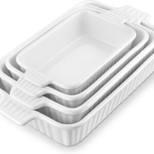 4-Piece Porcelain Casserole Dish Set, Rectangular Ceramic Bakeware with Handles for Oven Baking, Lasagna & Cake, White (9.4"/11.1"/12.2"/14.7")