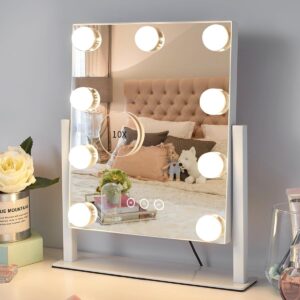 Lighted Vanity Mirror with 9 Dimmable Bulbs, 3 Color Modes, 10X Magnification, 360° Rotation, White, Dressing Room & Bedroom