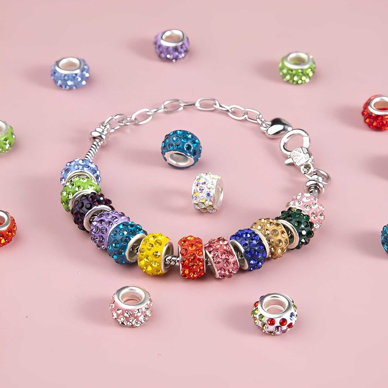 50-Piece Large Hole Rhinestone Spacer Beads, 12mm, Mixed Colors for DIY Jewelry and Crafts