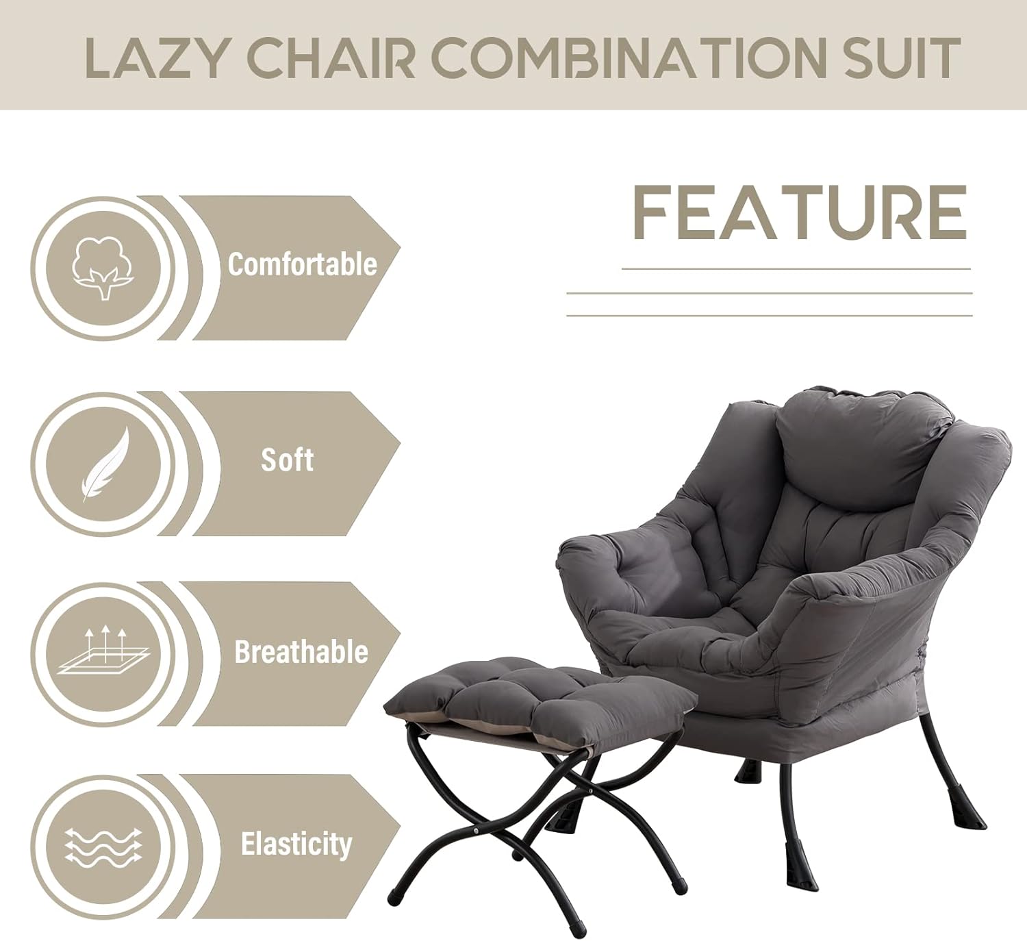 Modern Lazy Chair with Ottoman, Upholstered Accent Lounge Chair with Armrests and Side Pocket (Dark Grey) - Image 3