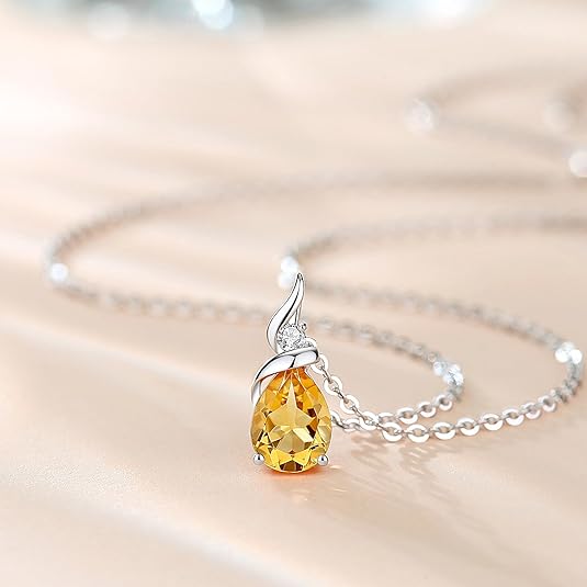 14K White Gold Birthstone Pendant Necklace with Diamond Teardrop, Sterling Silver Chain 16" + 2" Extender