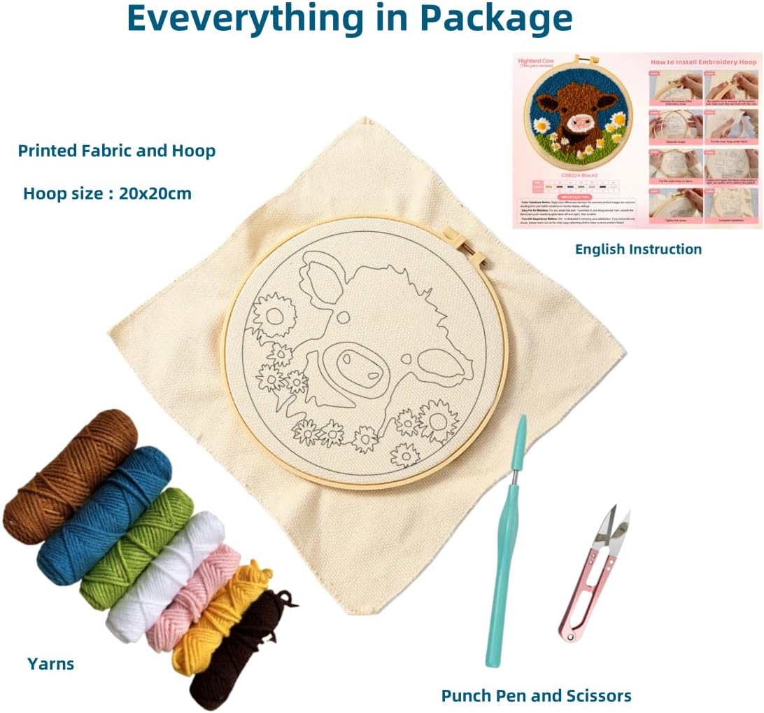 Punch Needle Starter Kit with Cute Highland Cow Design, Hoop Included, 20×20 cm - Image 5