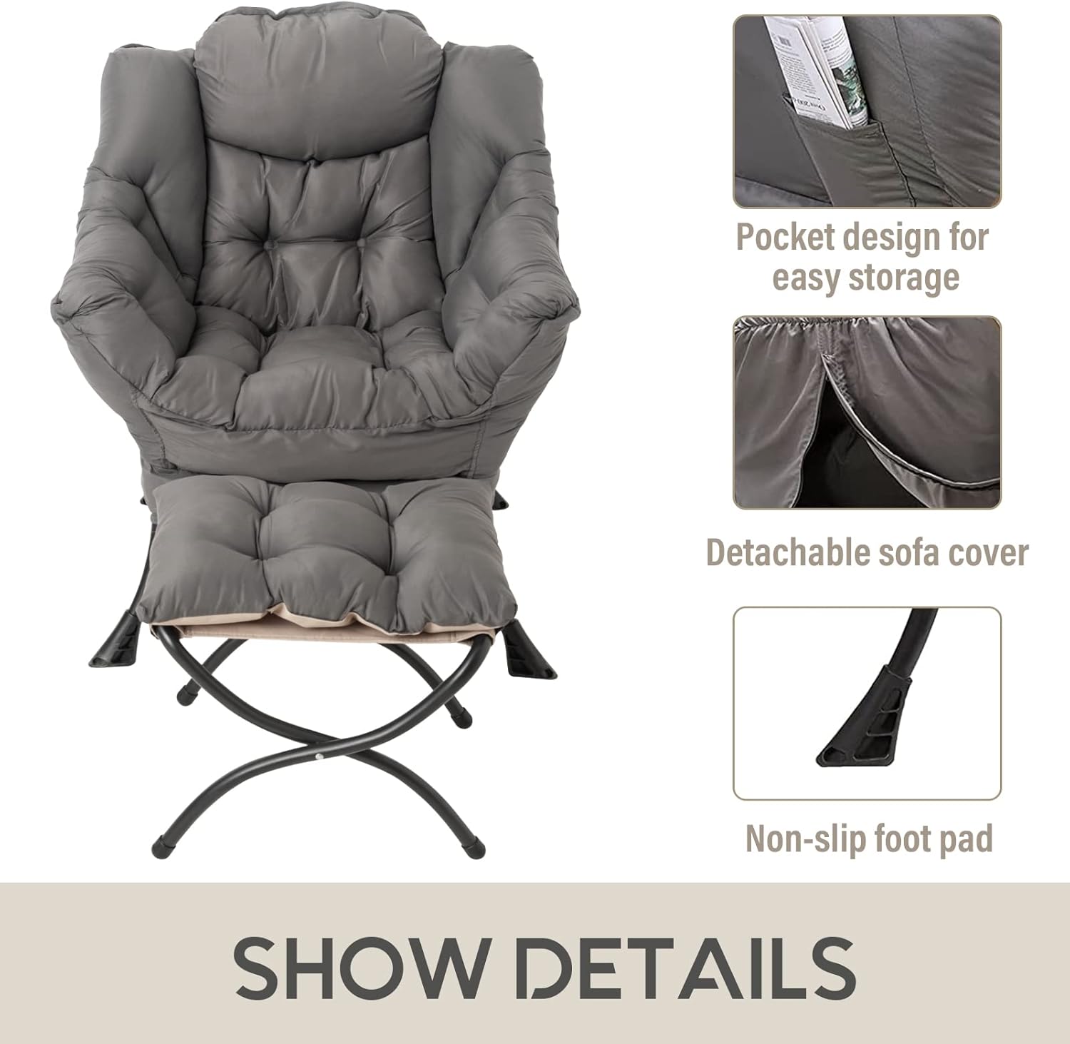 Modern Lazy Chair with Ottoman, Upholstered Accent Lounge Chair with Armrests and Side Pocket (Dark Grey) - Image 2