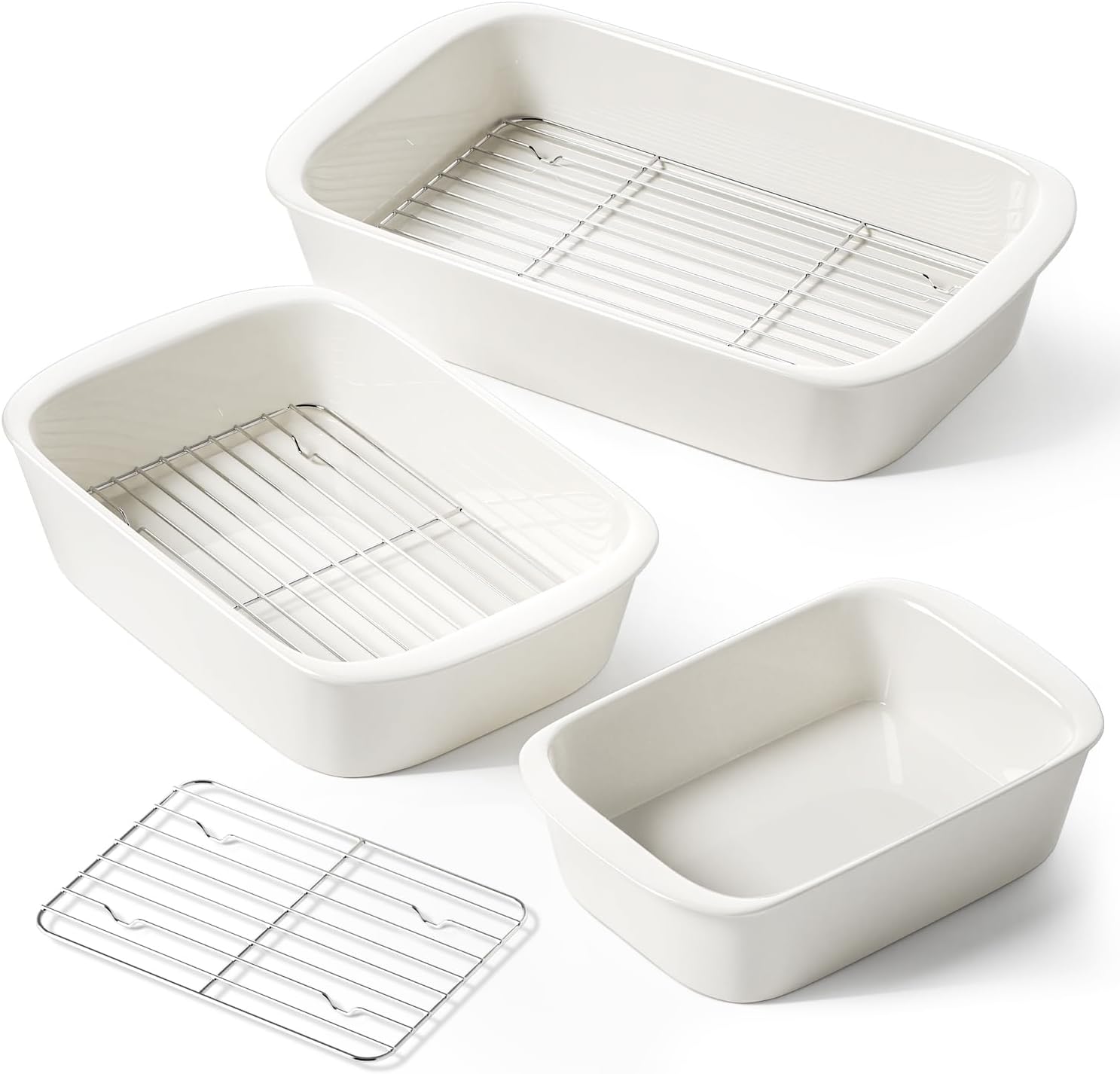 3-Piece Ceramic Casserole Dish Set with Handles, Deep Rectangular Baking & Lasagna Pans with Roasting Racks, Oven-Safe, White (4.6QT/3.0QT/1.6QT)