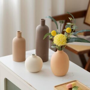 Set of 4 Modern Ceramic Decorative Vases in Neutral Colors for Home or Shelf Decor