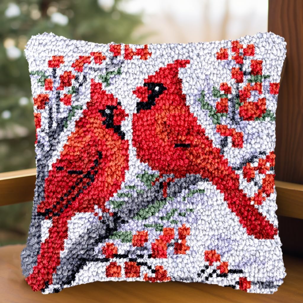 Christmas Red Bird Cardinal Latch Hook Pillow Kit, 43×43cm, DIY Throw Pillow Cover with Canvas and Yarn