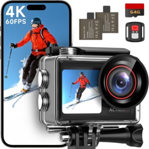 4K 60FPS 30MP Action Camera with Front and Rear Touch Screens, 132FT Waterproof, 64GB Memory, EIS, 5X Zoom, WiFi Remote (Black)