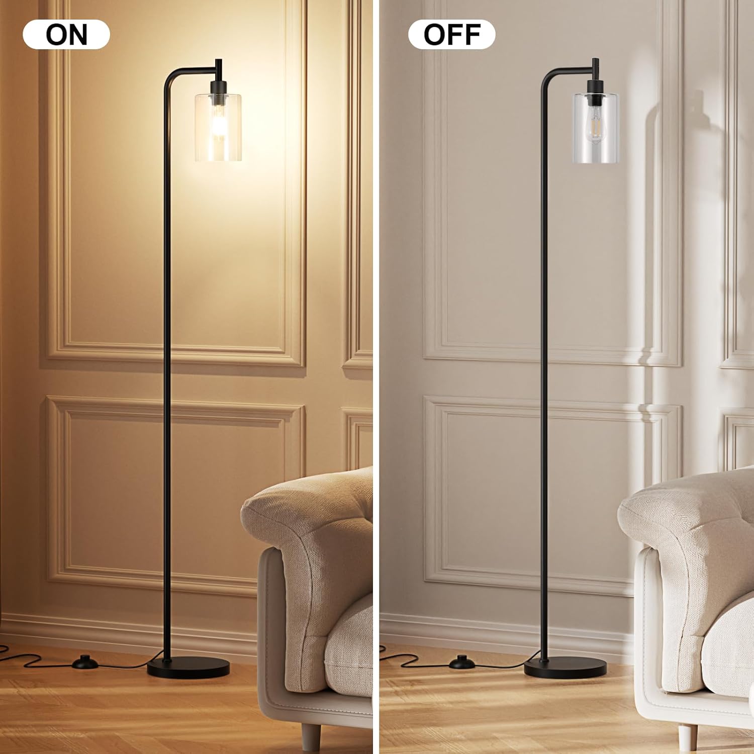 Industrial Floor Lamp with Glass Shade - Black, LED Bulbs, Foot Pedal Switch, Easy Assembly - Image 2