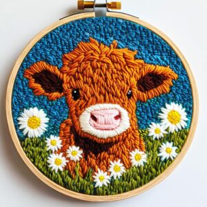 Punch Needle Starter Kit with Cute Highland Cow Design, Hoop Included, 20×20 cm