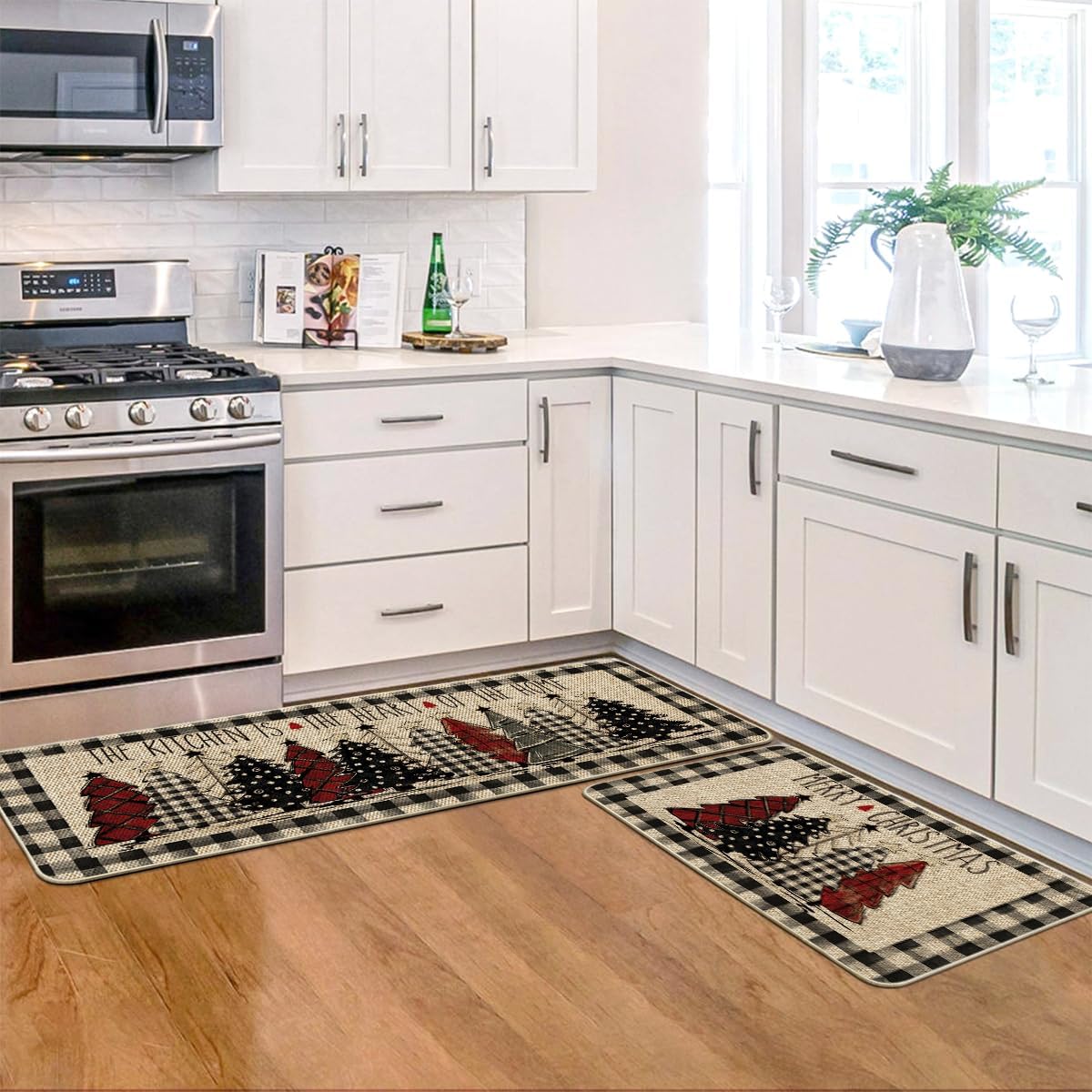 2-Piece Buffalo Plaid Christmas Kitchen Rug Set with Tree Design, Low-Profile Floor Mats, 17×29" and 17×47"