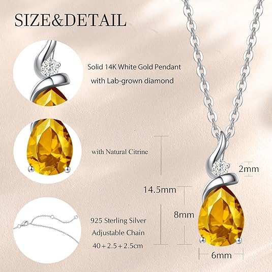 14K White Gold Birthstone Pendant Necklace with Diamond Teardrop, Sterling Silver Chain 16" + 2" Extender - Image 4