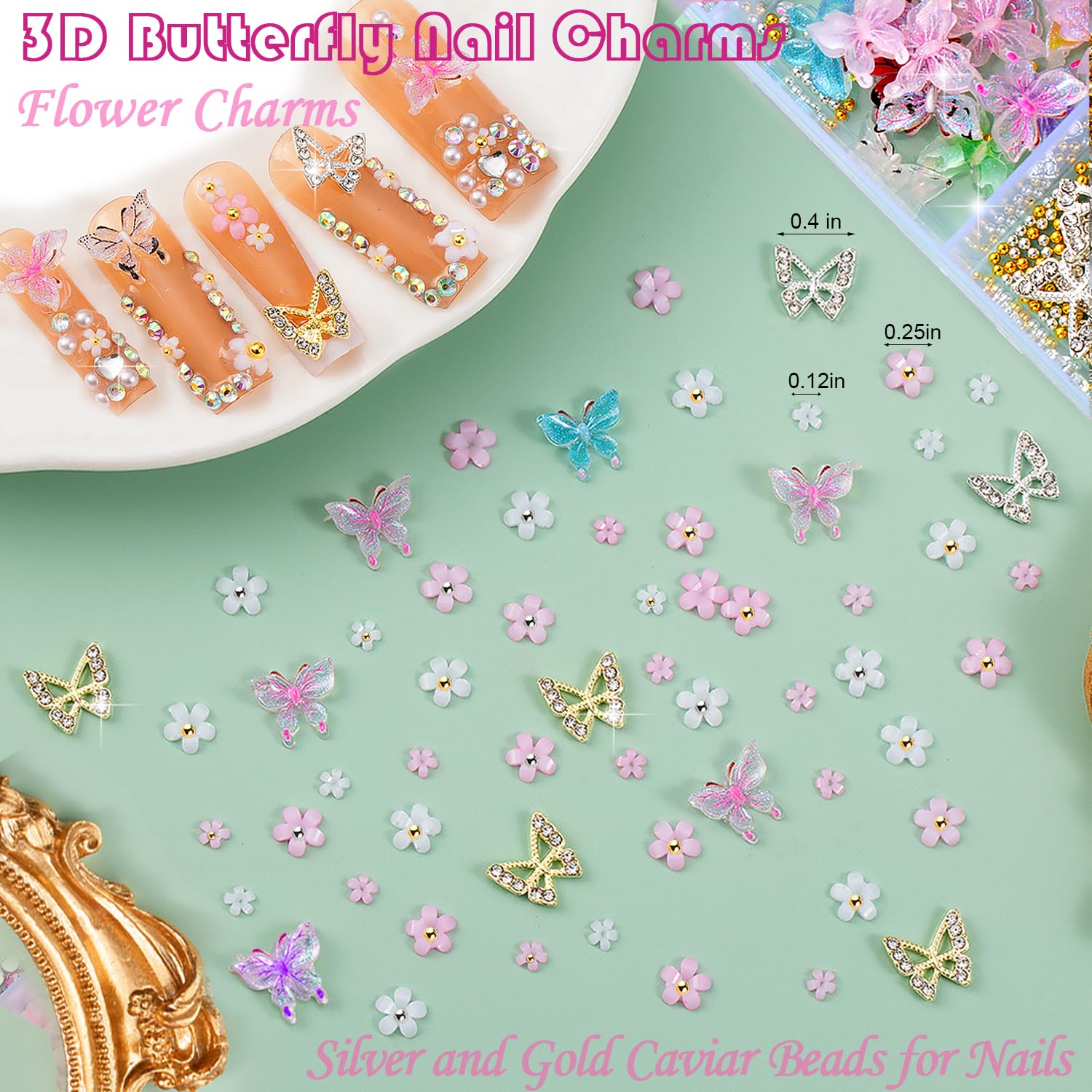 10000pcs Nail Charms and Gems:Pink Cute Bow Heart 3D Flower Charms for Junk Cases kit;Gold Chunky Butterfly Charms for Nails Design,nail jewels Diamond Rhinestones for Nails;Beads Pearls for Nails Art - Image 3