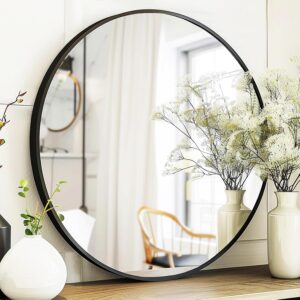24 in Black Round Wall Mirror, Metal Frame, Rustic Circle Mirror for Living Room, Bathroom, Entryway