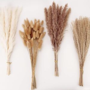 100-Stem Dried Pampas Grass Bouquet with Bunny Tails and Reed Grass for Boho or Farmhouse Decor (17", White & Brown)