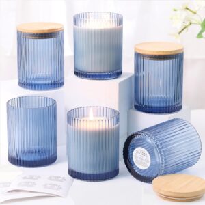 6-Pack 14oz Blue Ribbed Glass Candle Jars with Bamboo Lids and Accessories for DIY Candle Making