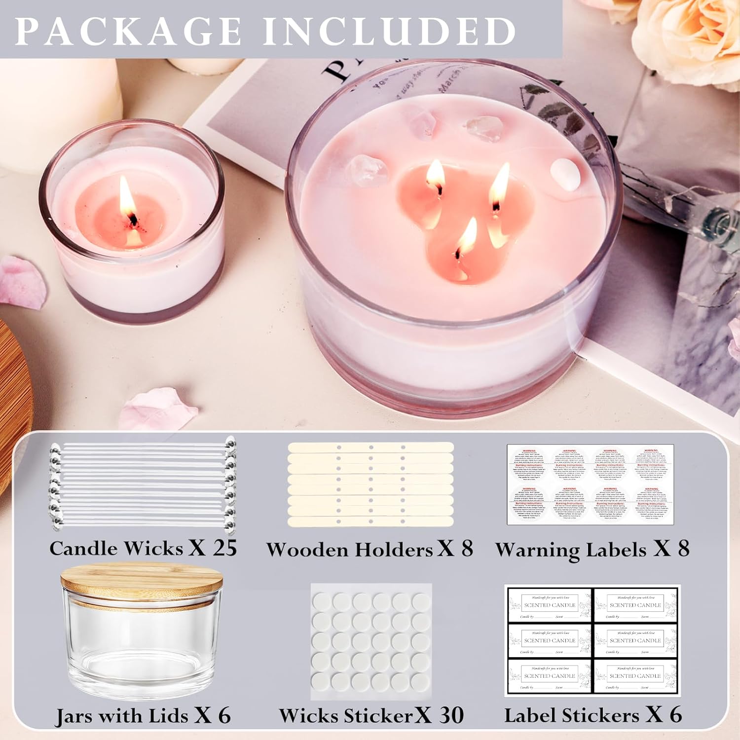 6-Pack 24oz Clear Glass Candle Jars with Multi-Wick, Wide Mouth, Airtight Bamboo Lids, Sticky Labels, and Wick Kit for DIY Candle Making, Dishwasher Safe - Image 2