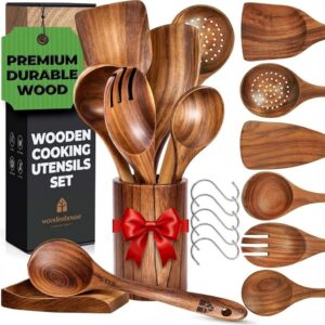 8-Piece Teak Wooden Cooking Utensil Set with Spatula, Turner, Ladle, Spoon, Holder, and Hooks