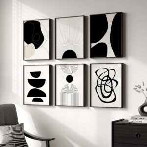 Framed Boho Black & White Abstract Wall Art Set of 6, Minimalist Geometric Canvas Prints, 11x14 in, Living Room Bedroom Office Bathroom Decor