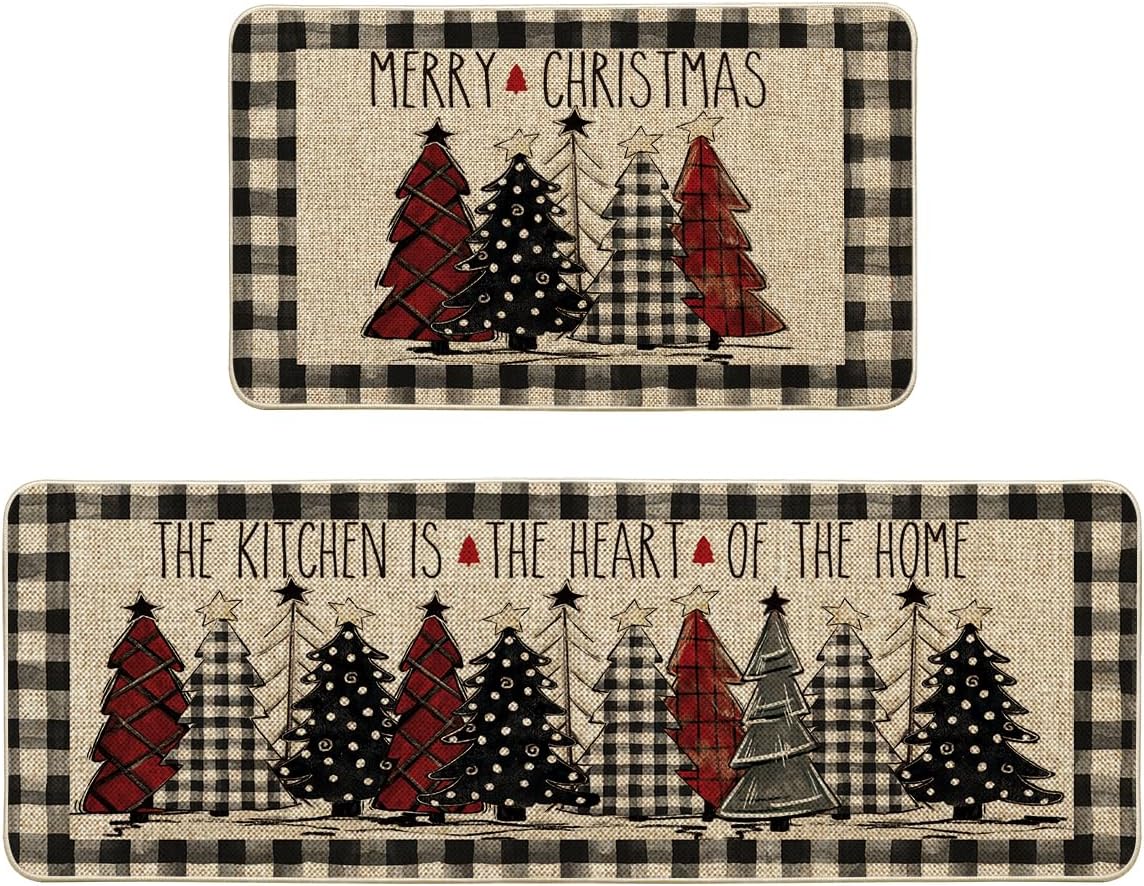 2-Piece Buffalo Plaid Christmas Kitchen Rug Set with Tree Design, Low-Profile Floor Mats, 17×29" and 17×47" - Image 4