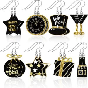 8 Pairs Happy New Year Earrings for Women New Year’s Eve Acrylic Earrings Double Side Design Star Champagne Bottle Clock Drop Dangle Earrings for Costume Party Earrings Holiday Festive Jewelry ﻿
