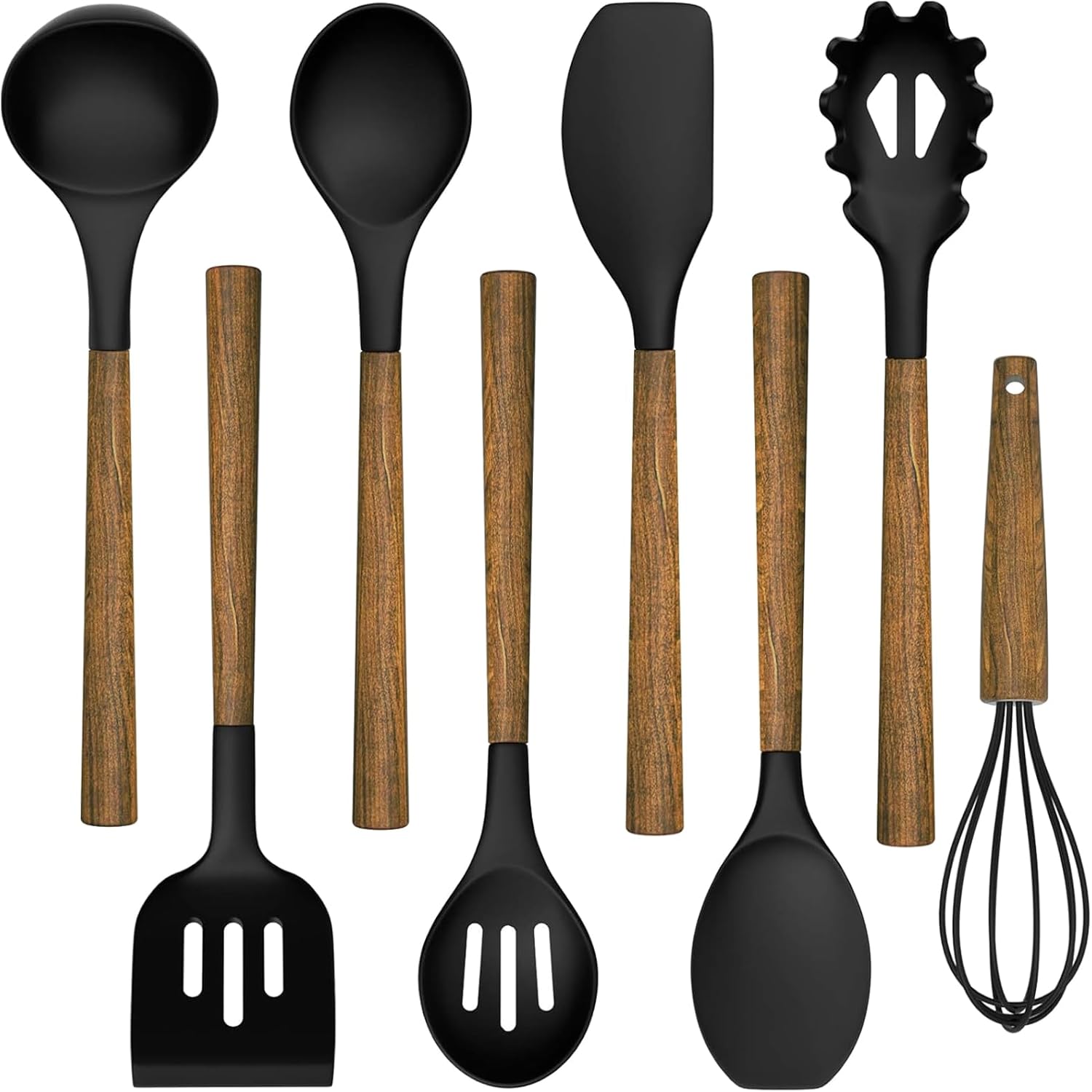 8-Piece Silicone Cooking Utensil Set with Wooden Handles for Nonstick Cookware (Black)