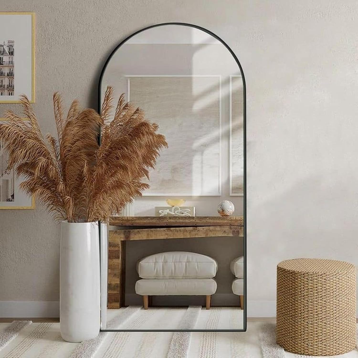 76"×34" Arched Full-Length Mirror with Stand, Hanging or Leaning, Aluminum Frame (Black) - Image 3