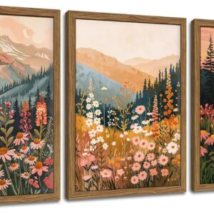 Colorful Wildflower Mountain Landscape Canvas Wall Art, Vintage Floral Forest Nature Print, Rustic Wood Framed Decor, 12x16 in