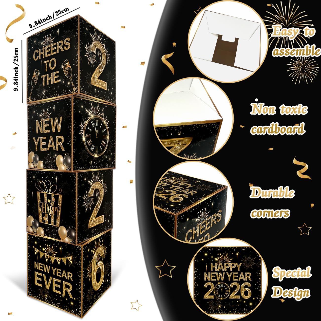 2026 New Year’s Eve Party Decorations with Black and Gold Balloon Boxes and Backdrop - Image 2