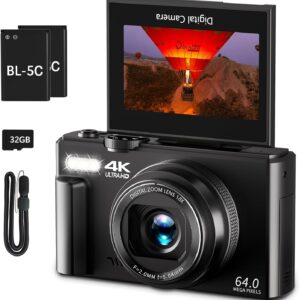 4K 64MP Vlogging and Photography Camera with 3" Flip Screen, 18X Zoom, and 32GB Micro SD Card (Black)