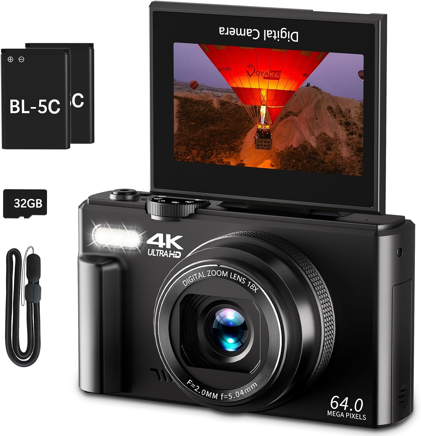 4K 64MP Vlogging and Photography Camera with 3" Flip Screen, 18X Zoom, and 32GB Micro SD Card (Black)