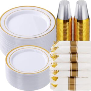 350-Piece Gold Plastic Dinnerware Set for 50 Guests, Disposable Plates, Cups, Napkins, and Silverware for Parties