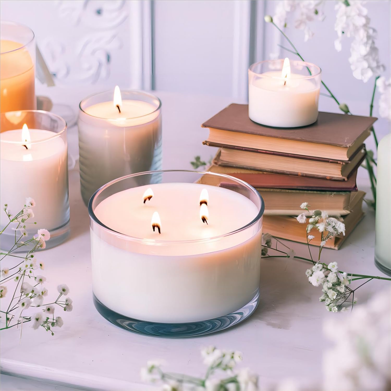 6-Pack 24oz Clear Glass Candle Jars with Multi-Wick, Wide Mouth, Airtight Bamboo Lids, Sticky Labels, and Wick Kit for DIY Candle Making, Dishwasher Safe